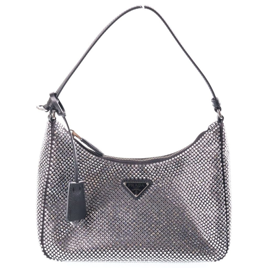 Prada Re Edition Crystal Rhinestone Satin Leather Shoulder Bag Black Silver