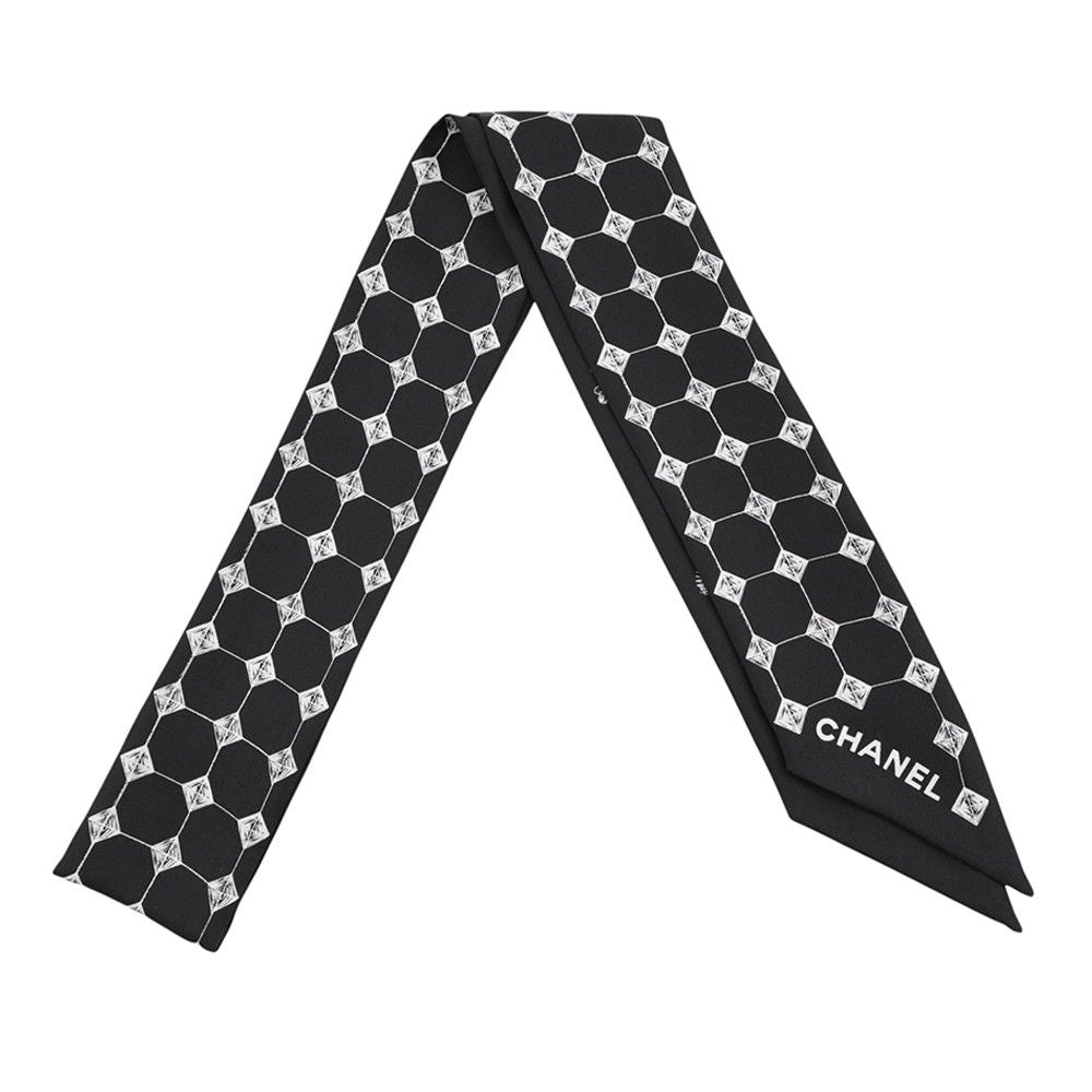 Chanel Scarf Logo CC Silk Black White