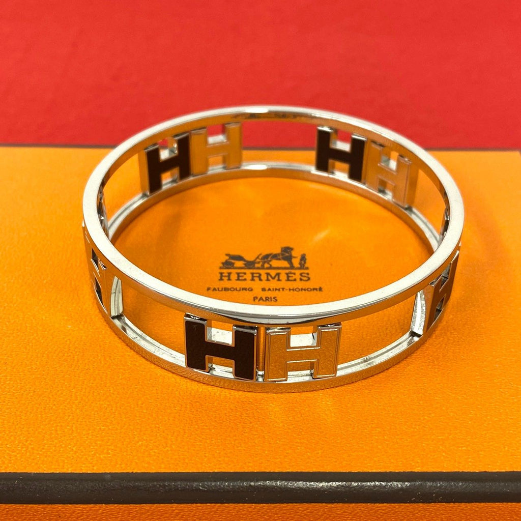 Hermes Rondo Ash Logo Bangle Metal Bracelet Silver Black