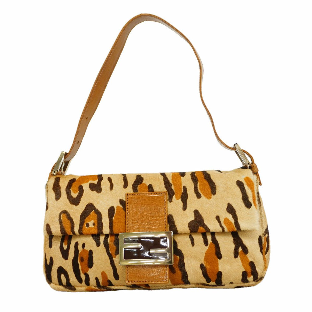 Fendi Handbag Mamma Bucket Calf Hair Beige Brown Silver