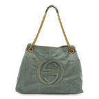 Gucci Soho Interlocking G Logo Chain Tote Shoulder Bag Denim Leather Light Blue