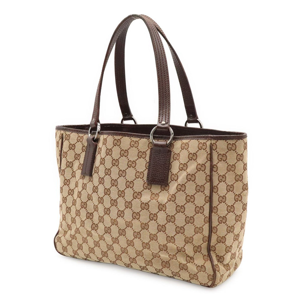 Gucci GG Canvas Tote Shoulder Bag Leather Khaki Beige Dark Brown Silver — view 2