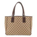 Gucci GG Canvas Tote Shoulder Bag Leather Khaki Beige Dark Brown Silver
