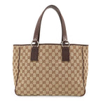 Gucci GG Canvas Tote Shoulder Bag Leather Khaki Beige Dark Brown Silver