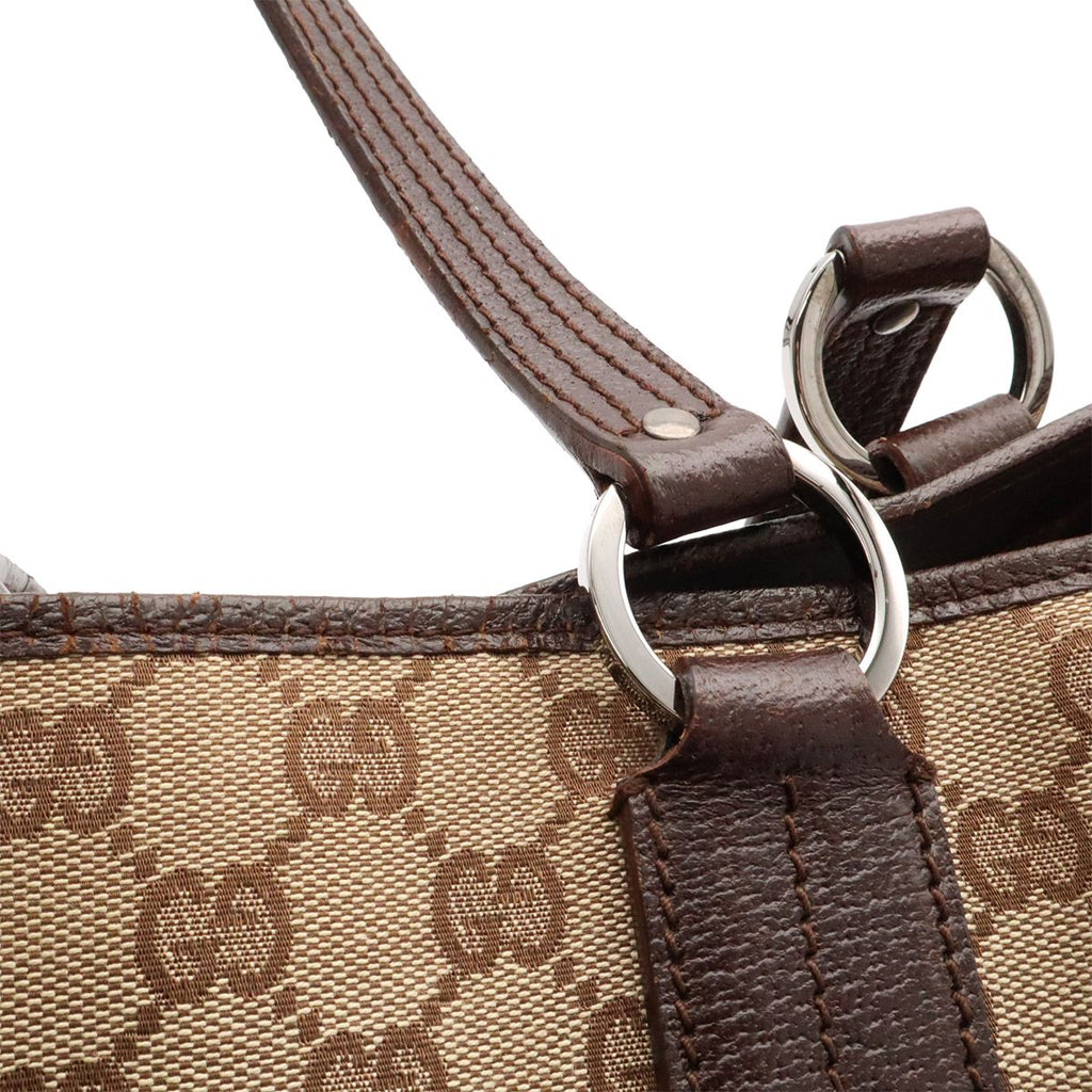 Gucci GG Canvas Tote Shoulder Bag Leather Khaki Beige Dark Brown Silver — view 5