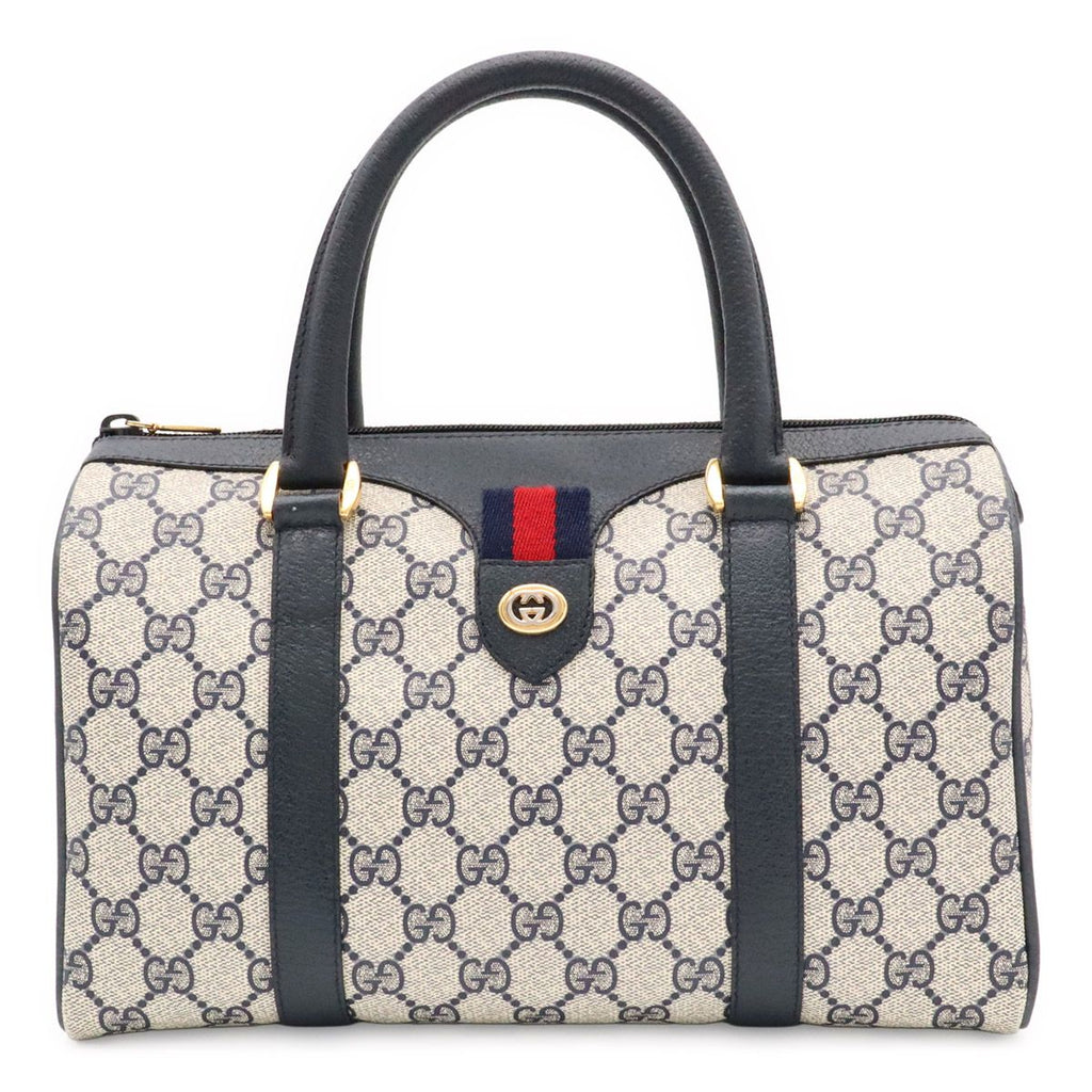 Gucci Vintage GG Plus Sherry Line Mini Boston Bag Leather Beige Navy 116.02.006