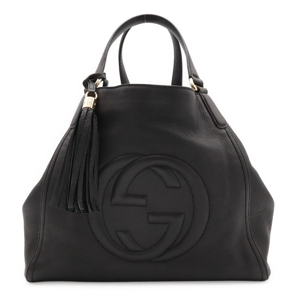 Gucci Soho Cellarius Tote Bag Shoulder Tassel Fringe Leather Black Gold