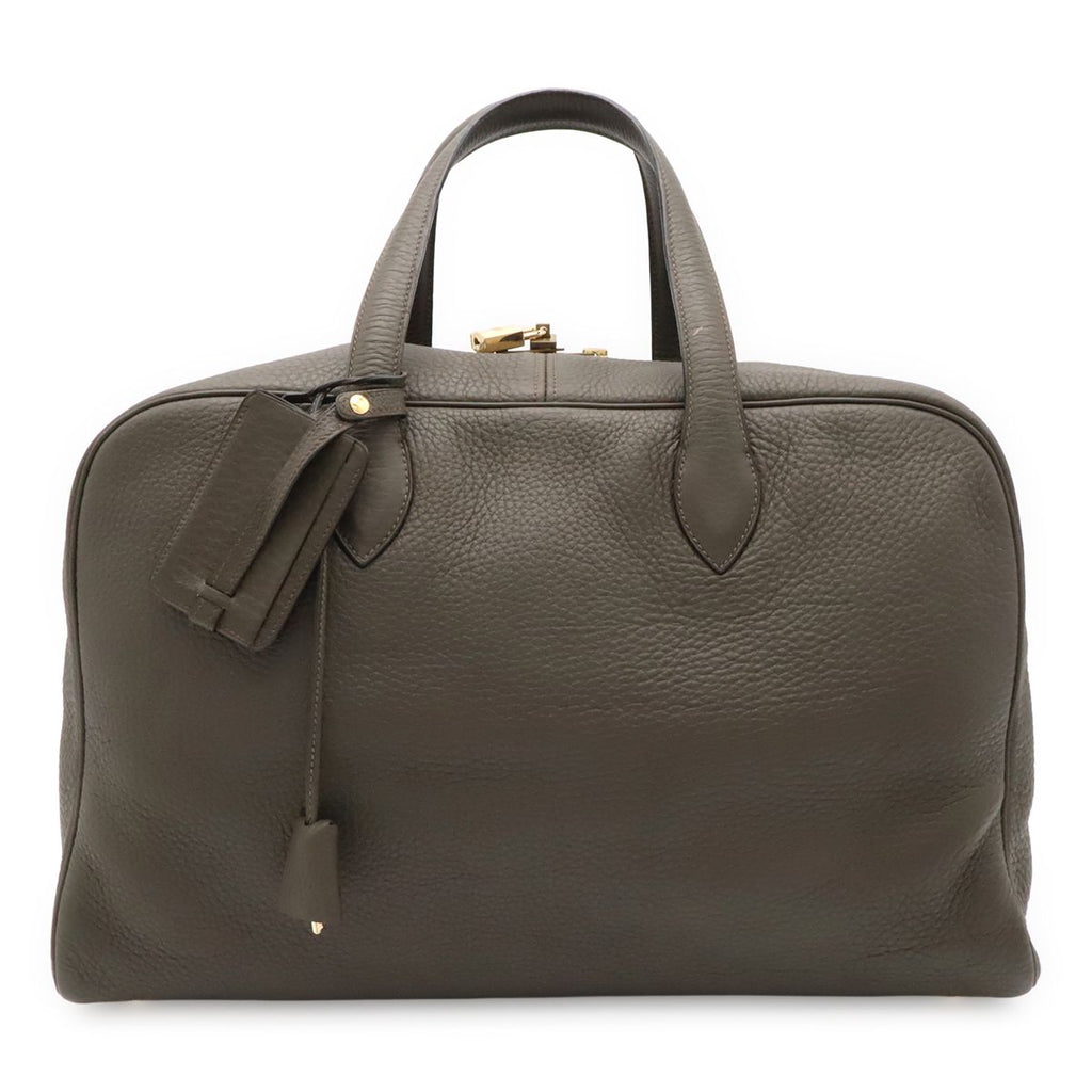 Hermes Victoria 43 Boston Bag Purse Taurillon Clemence Leather Dark Olive