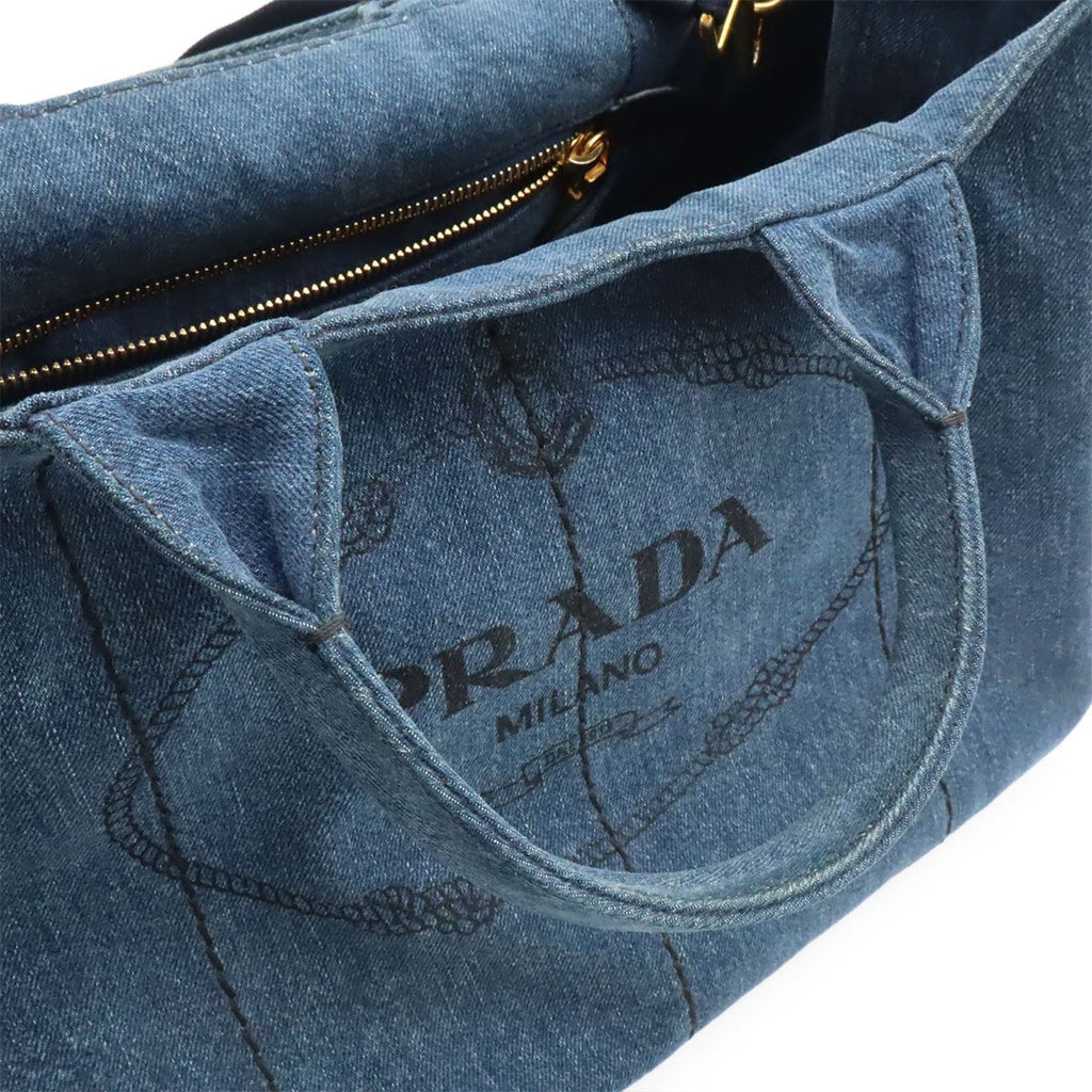 Prada Canapa Tote 2-Way Shoulder Bag Crossbody Denim Blue Gold — view 7