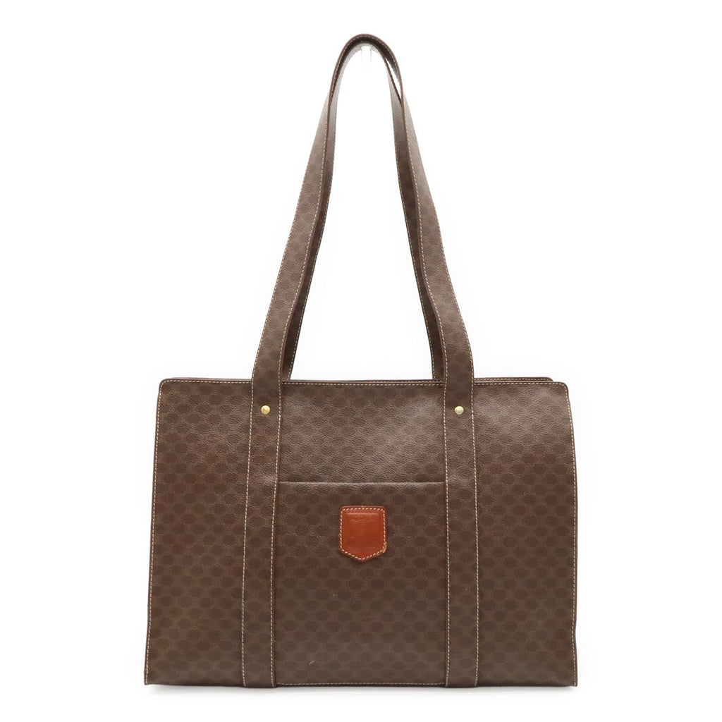 Celine Macadam Pattern Tote Shoulder Bag Leather Dark Brown Gold