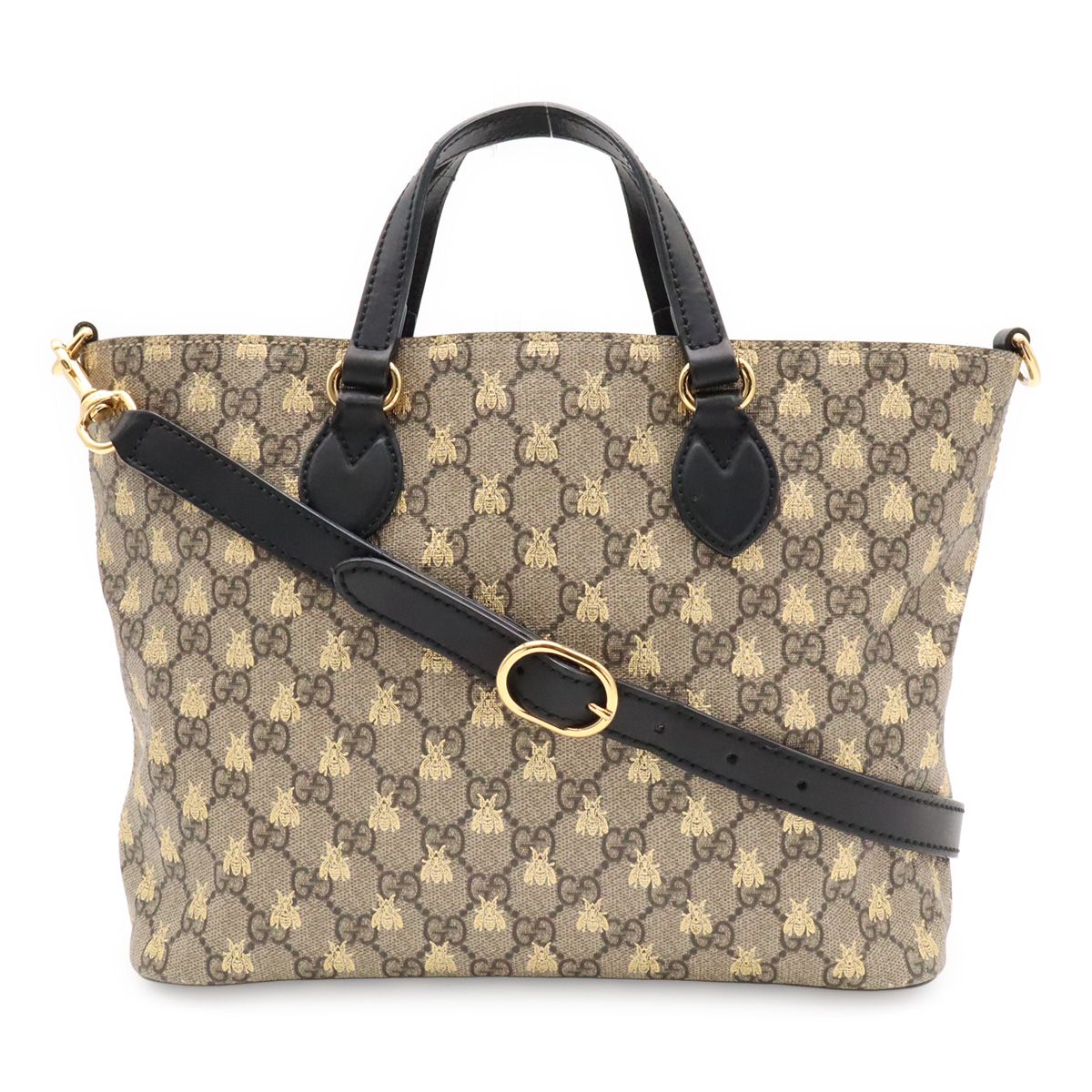 Gucci GG Supreme Bee Tote 2-Way Shoulder Bag Leather Beige Black Gold