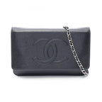 Chanel Shoulder Bag CC Logo Black Caviar Leather Quilted Chain Wallet