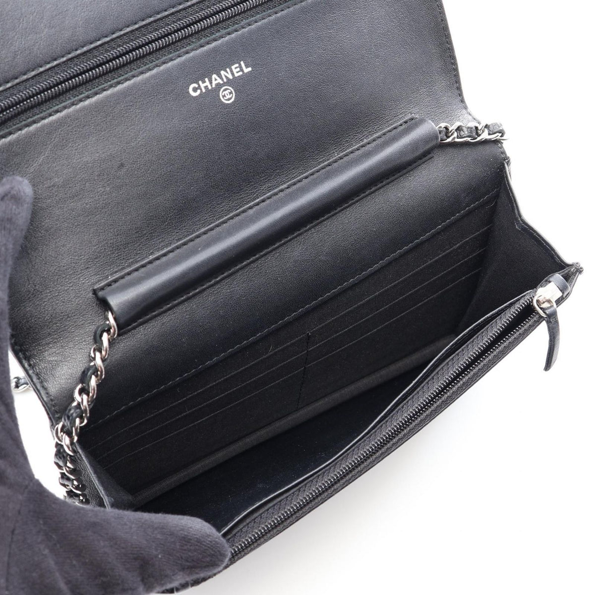 Chanel Shoulder Bag CC Logo Black Caviar Leather Quilted Chain Wallet — view 3