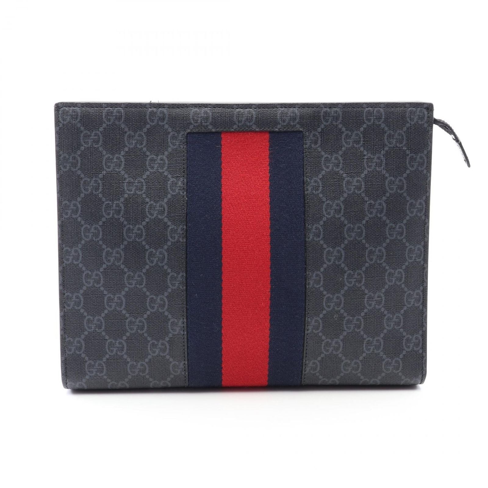 Gucci Clutch GG Supreme Webbing Line Black Gray Navy Canvas Leather Sherry
