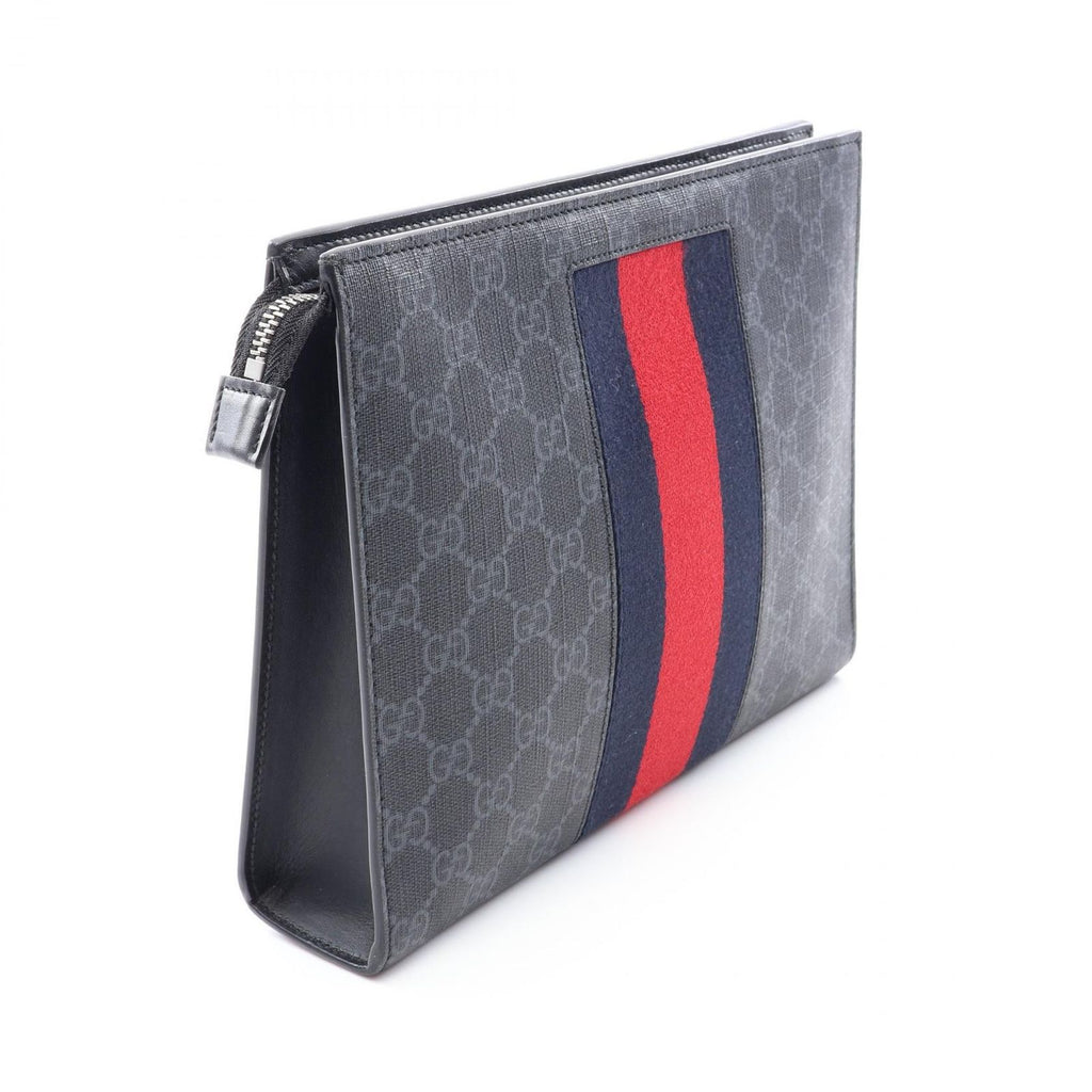 Gucci Clutch GG Supreme Webbing Line Black Gray Navy Canvas Leather Sherry — view 2