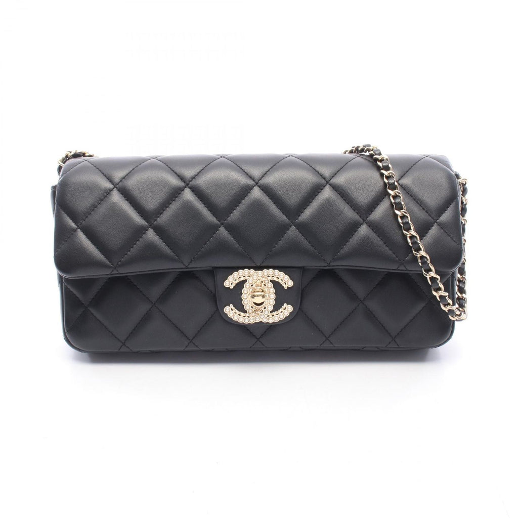 Chanel Shoulder Bag Quilted Clutch Black Lambskin Coco Pearl Chain