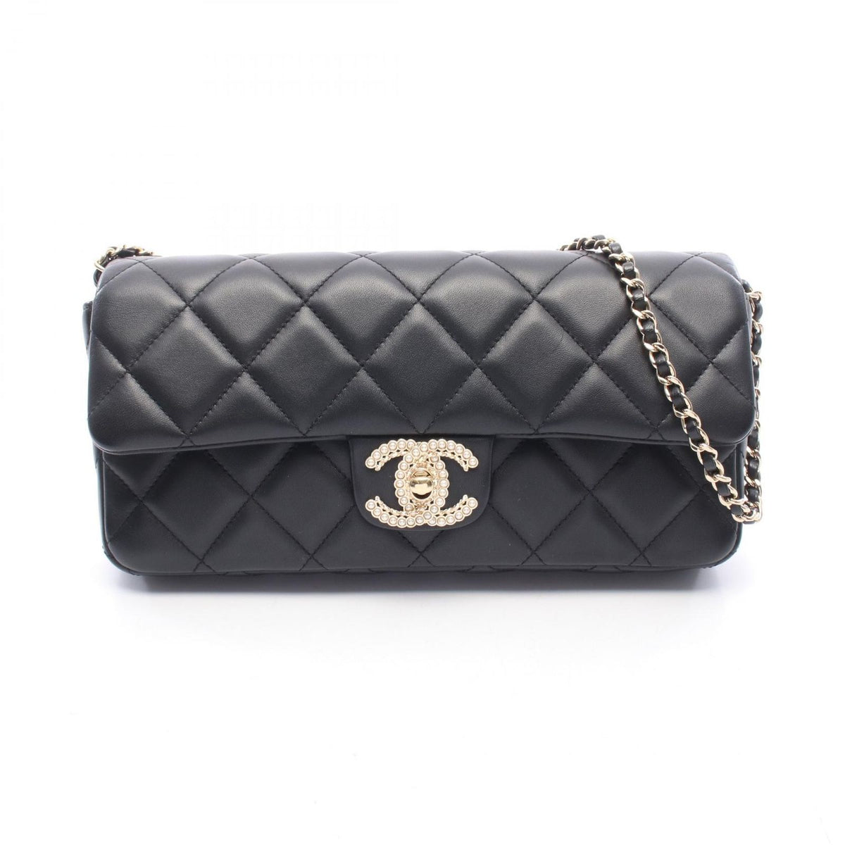 Chanel Shoulder Bag Quilted Clutch Black Lambskin Coco Pearl Chain