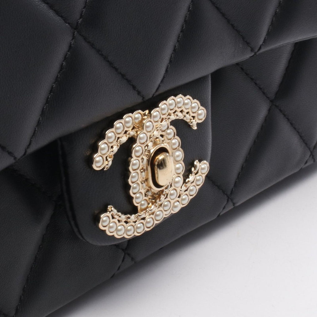 Chanel Shoulder Bag Quilted Clutch Black Lambskin Coco Pearl Chain — view 7