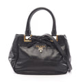 Prada Handbag Ribbon Black Leather Metal Logo Motif 2-Way