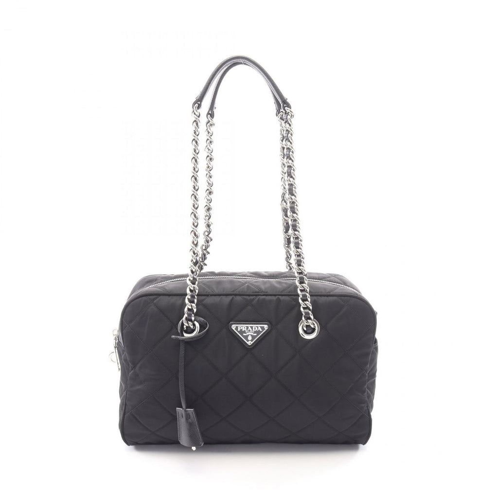 Prada Shoulder Bag Tessuto Impuntu Black Nylon Saffiano Leather Triangle Logo