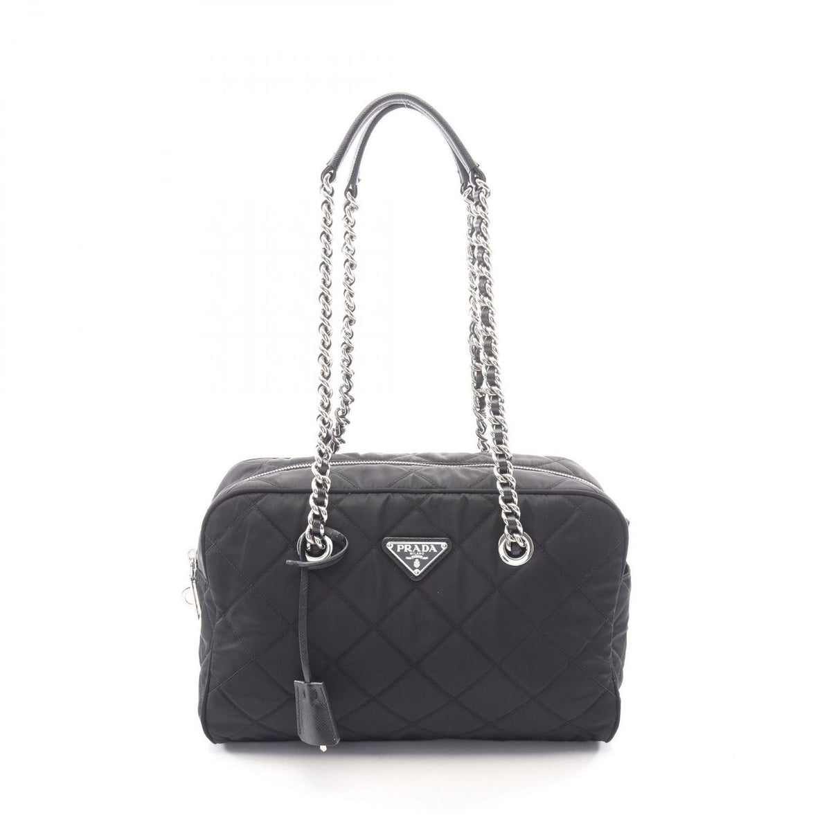 Prada Shoulder Bag Tessuto Impuntu Black Nylon Saffiano Leather Triangle Logo