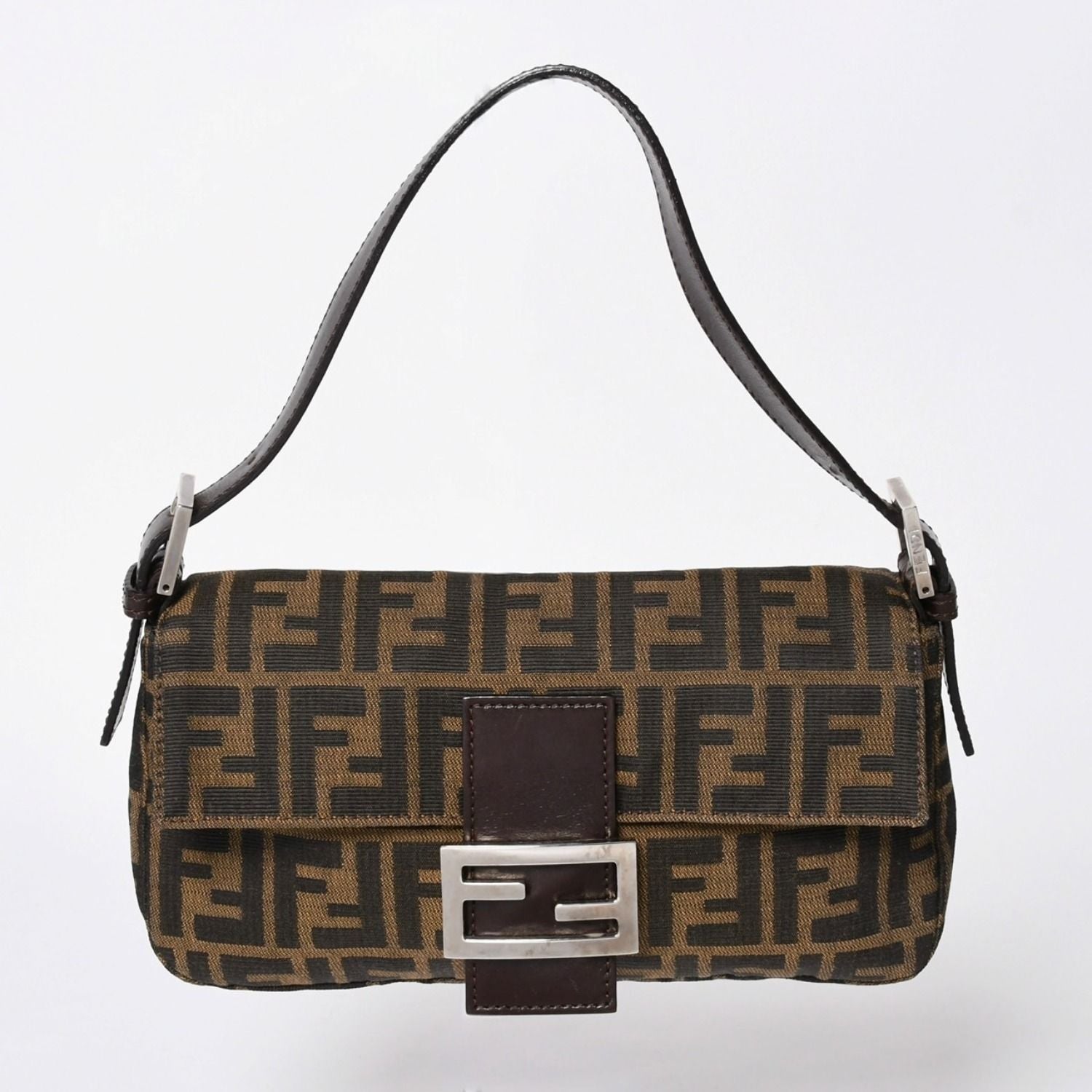 Fendi Shoulder Bag Cross Mamma Baguette Zucca Pattern Brown Silver