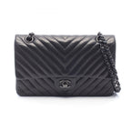 Chanel Shoulder Bag Chevron V-Stitch Double Flap Black Lambskin Chain