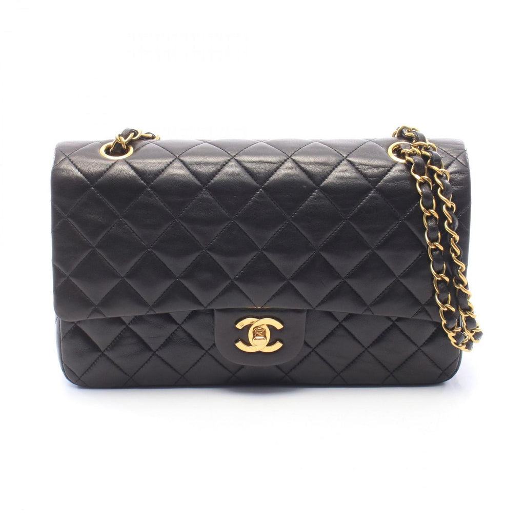Chanel Shoulder Bag Quilted Double Flap Black Lambskin Chain