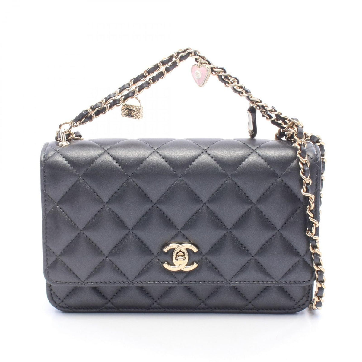 Chanel Shoulder Bag Quilted Black Lambskin Chain Wallet