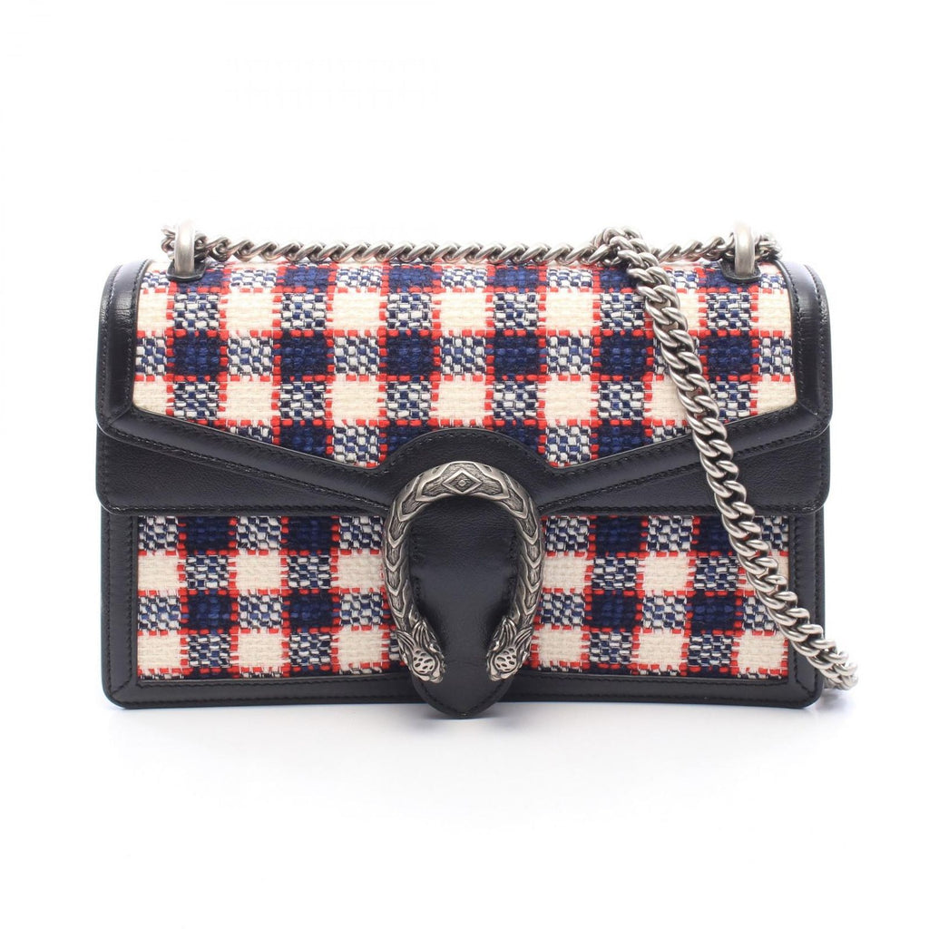 Gucci Shoulder Bag Dionysus Black Plaid Fabric Leather Small