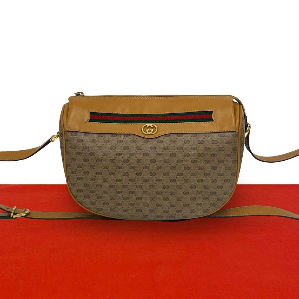 Gucci Vintage Sherry Line Micro GG Logo Leather Shoulder Bag Brown