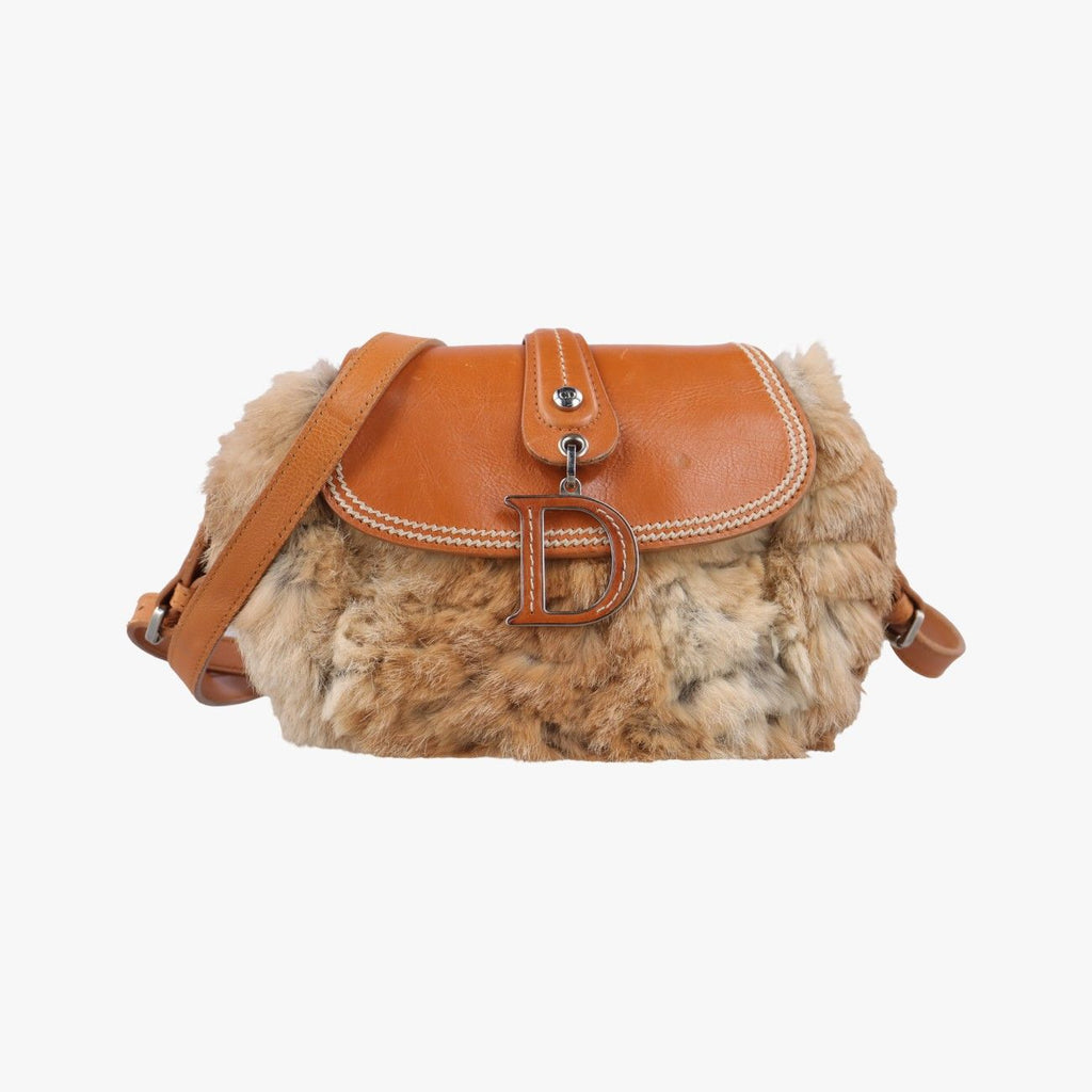 Dior d Logo Brown Fur Leather Shoulder Bag