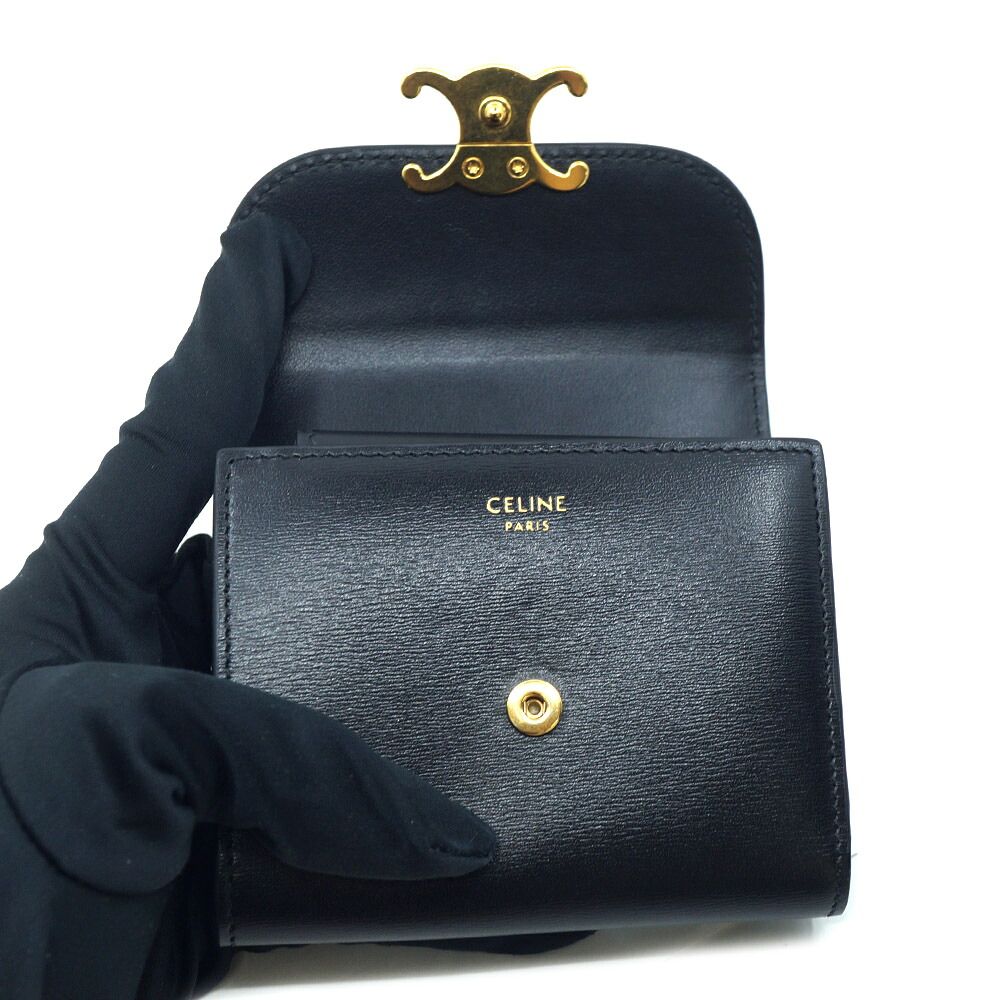 Celine Triomphe Trifold Wallet Small Flap Coin Purse Black Gold — view 5