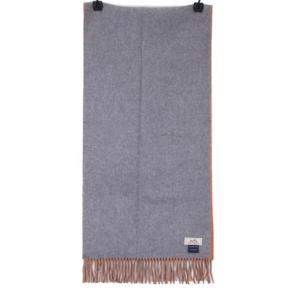 Hermes Logo Embroidery Cashmere Bicolor Fringe Scarf — view 3