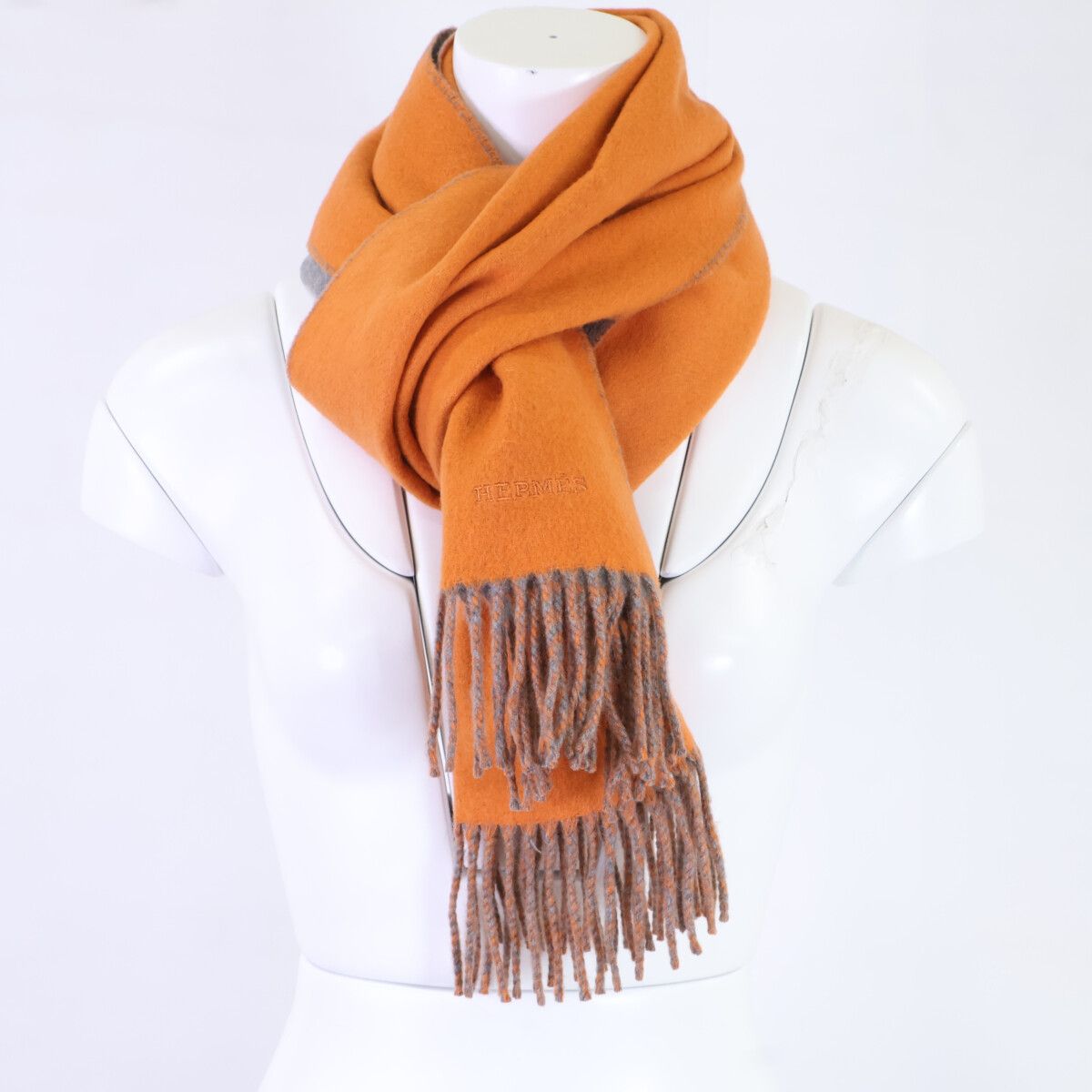 Hermes Logo Embroidery Cashmere Bicolor Fringe Scarf — view 4