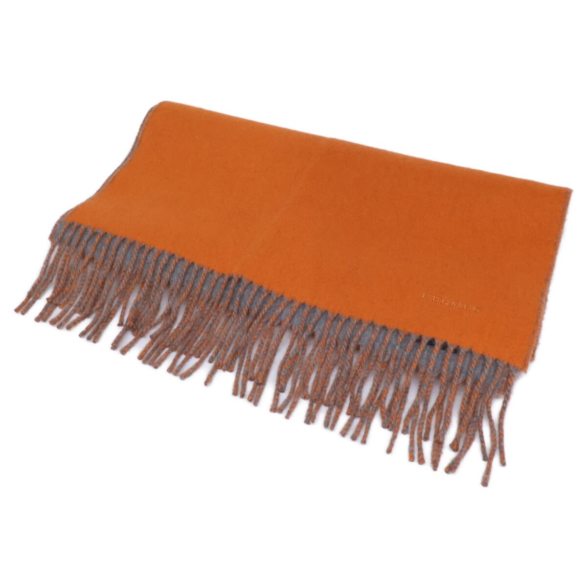 Hermes Logo Embroidery Cashmere Bicolor Fringe Scarf