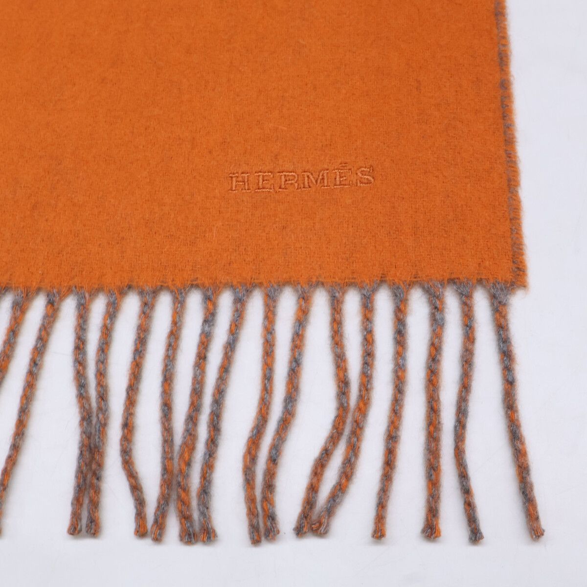 Hermes Logo Embroidery Cashmere Bicolor Fringe Scarf — view 6