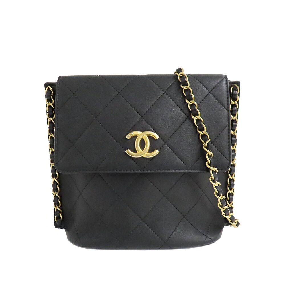 Chanel Quilted Chain Shoulder Bag CC Logo Black Antique Gold