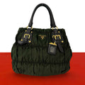 Prada Logo Tessuto Gathered Nylon Leather Tote Bag Khaki Brown