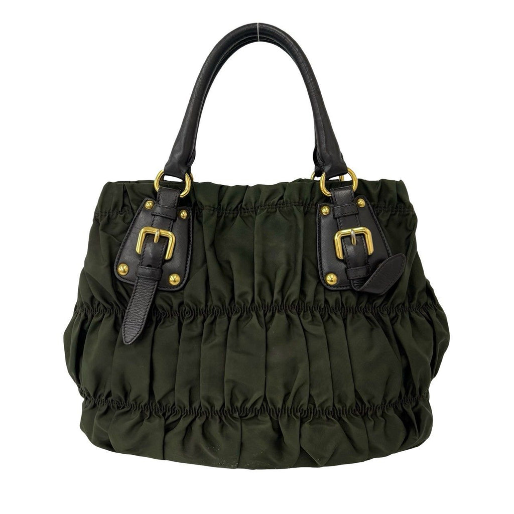 Prada Logo Tessuto Gathered Nylon Leather Tote Bag Khaki Brown — view 3