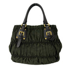 Prada Logo Tessuto Gathered Nylon Leather Tote Bag Khaki Brown — view 3