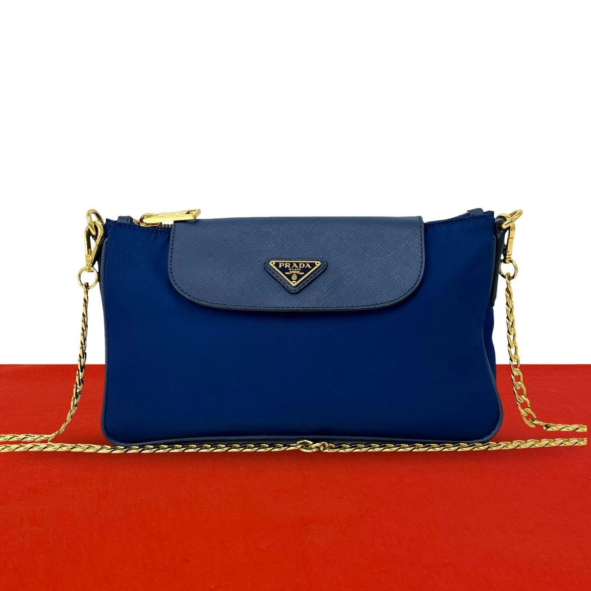 Prada Triangle Logo Tessuto Nylon Saffiano Leather Chain Shoulder Bag Pochette