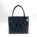Chanel CC Logo Reprint Quilted Patent Leather Patent Black Tote Bag Silver