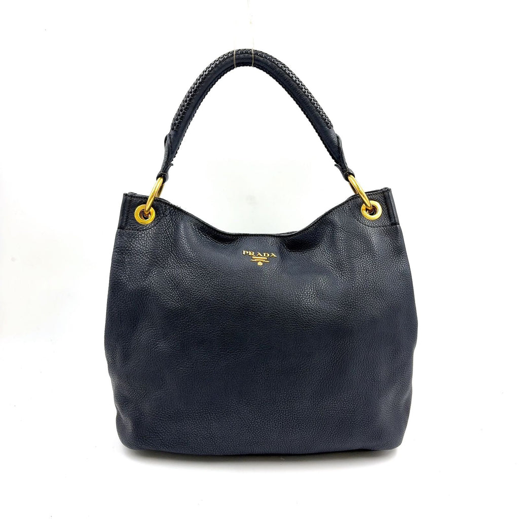 Prada Vitello Daino Leather Black Tote Bag Gold