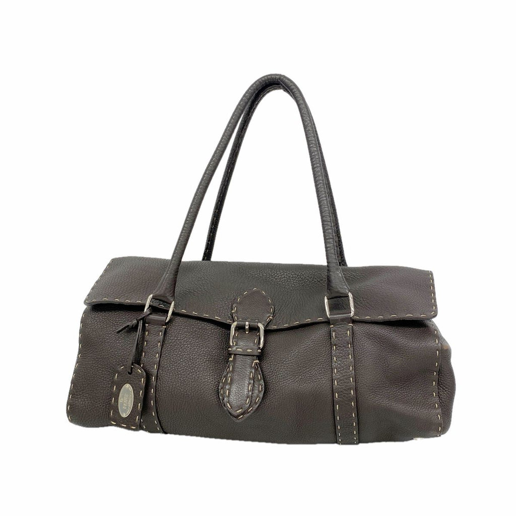 Fendi Handbag Selleria Leather Brown Silver