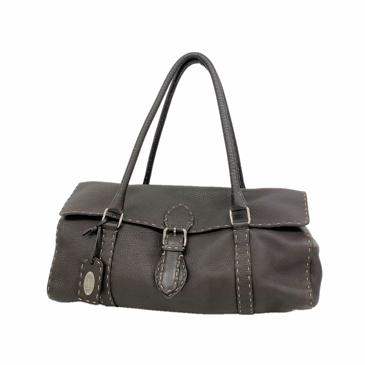 Fendi Handbag Selleria Leather Brown Silver