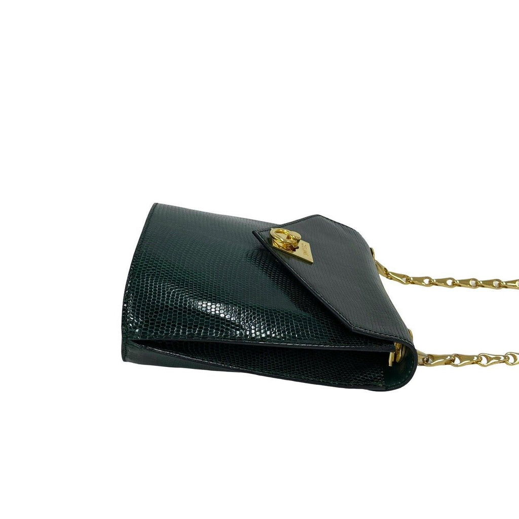 Celine Vintage Logo Ring Leather Chain Mini Shoulder Bag Pochette Green — view 6