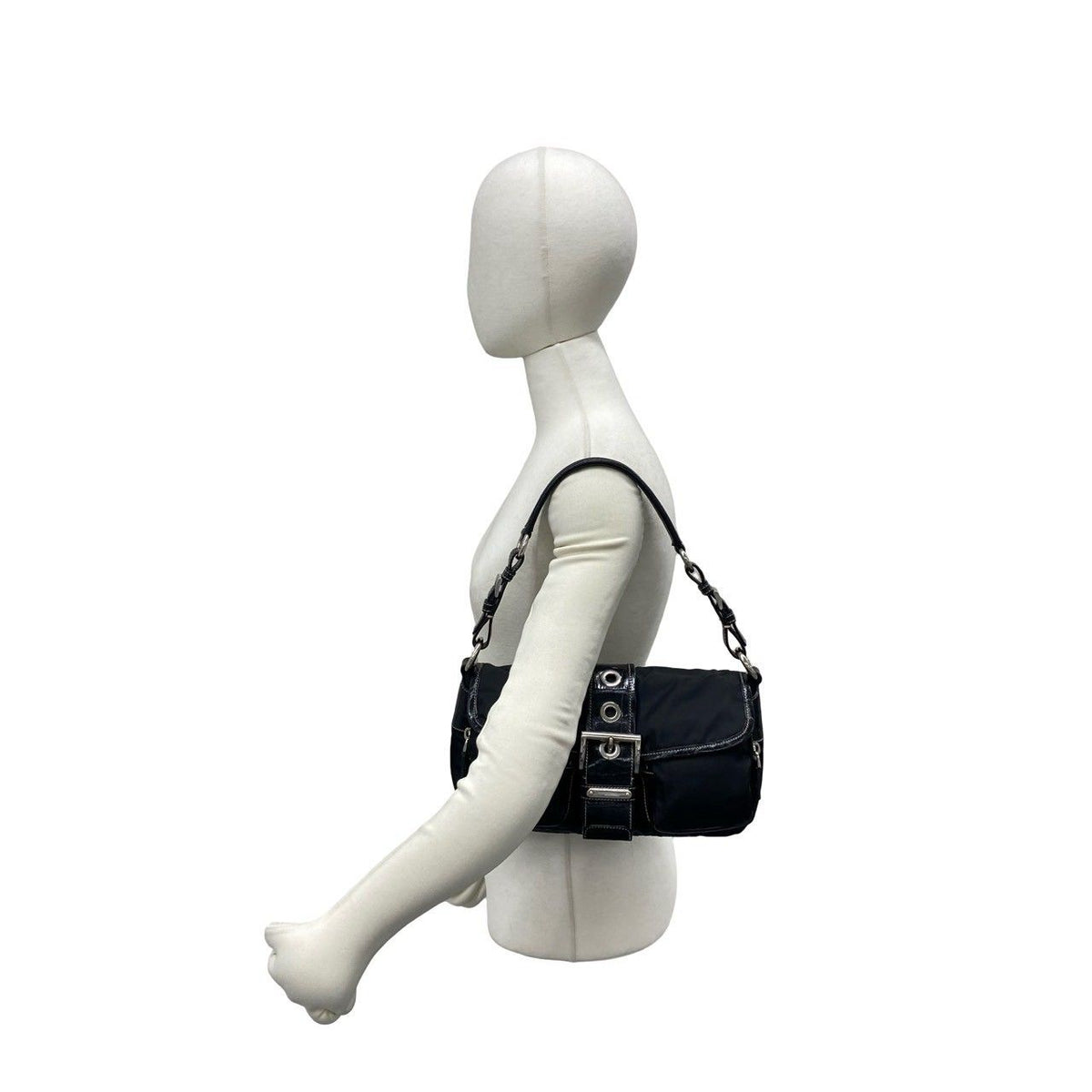 Prada Triangle Logo Embossed Leather Tessuto Nylon Shoulder Bag Black — view 2