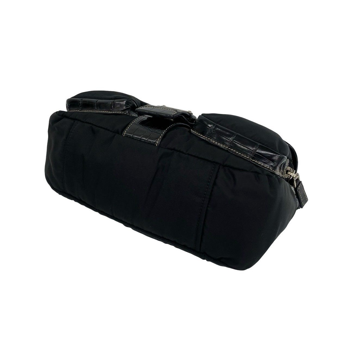 Prada Triangle Logo Embossed Leather Tessuto Nylon Shoulder Bag Black — view 8