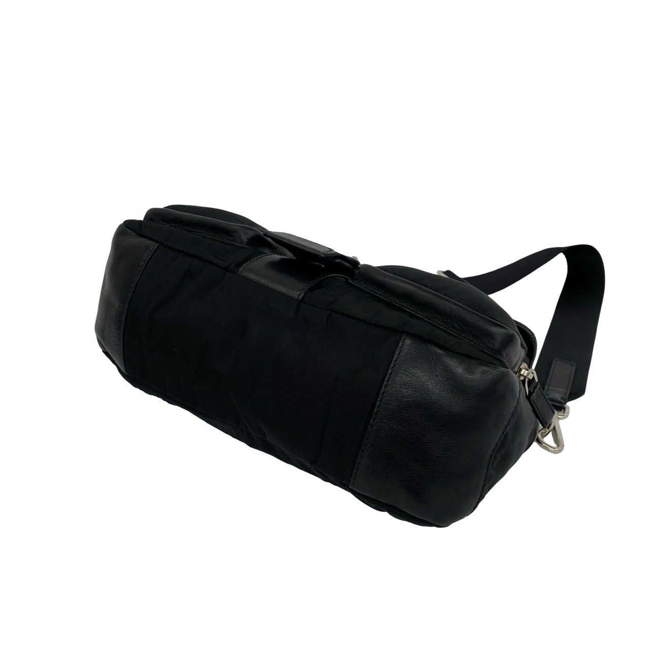 Prada Triangle Logo Leather Tessuto Shoulder Bag Black — view 8